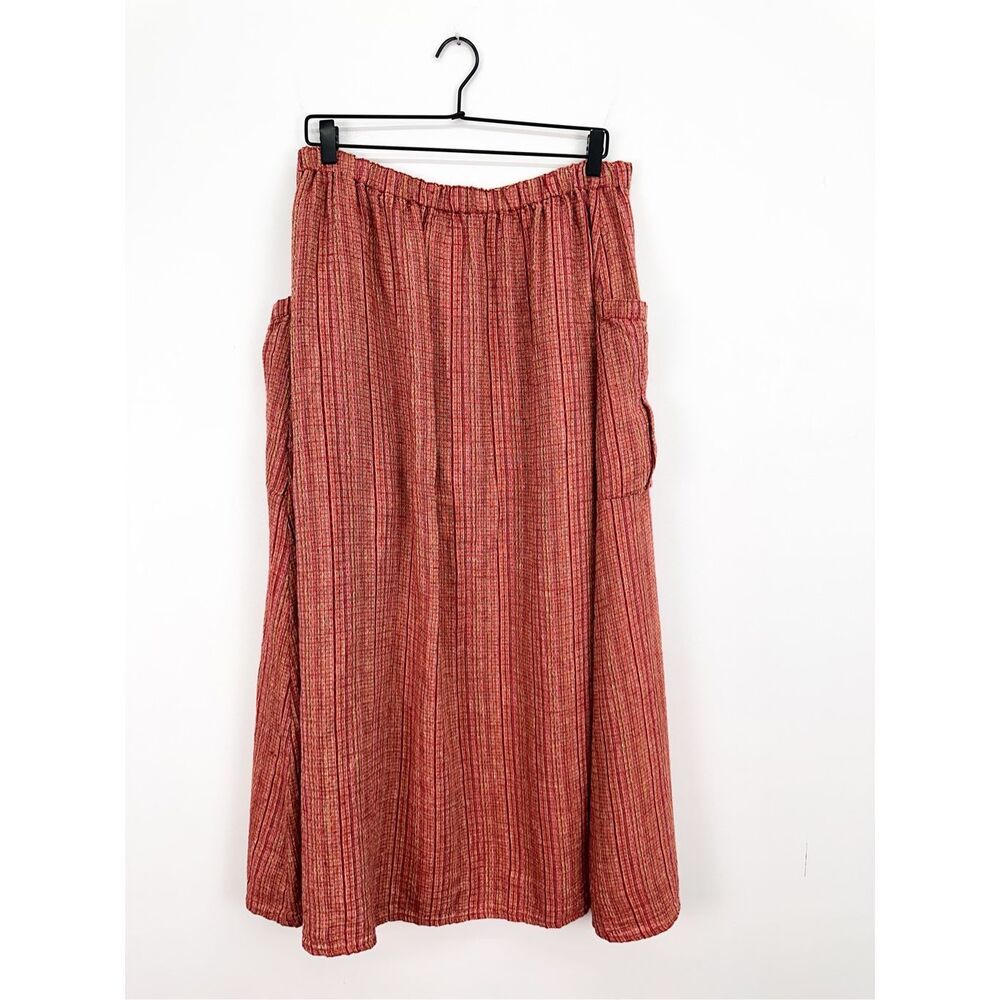 Flax Women’s Multi Red Pink Woven Textured Linen Pocket Maxi Skirt - Picture 3 of 10